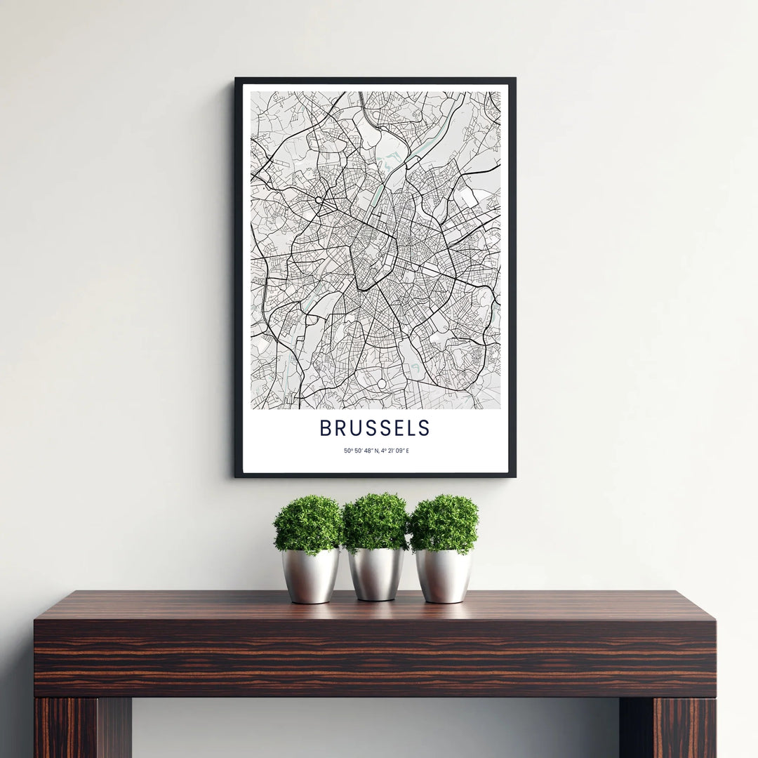 Elegant monochrome European map decor showcasing the complete urban plan of Brussels in Belgium in modern high-contrast cartography. Available from MapYourDreams in versatile choices including unframed archival poster paper, custom frames, and stretched gallery canvas formats.