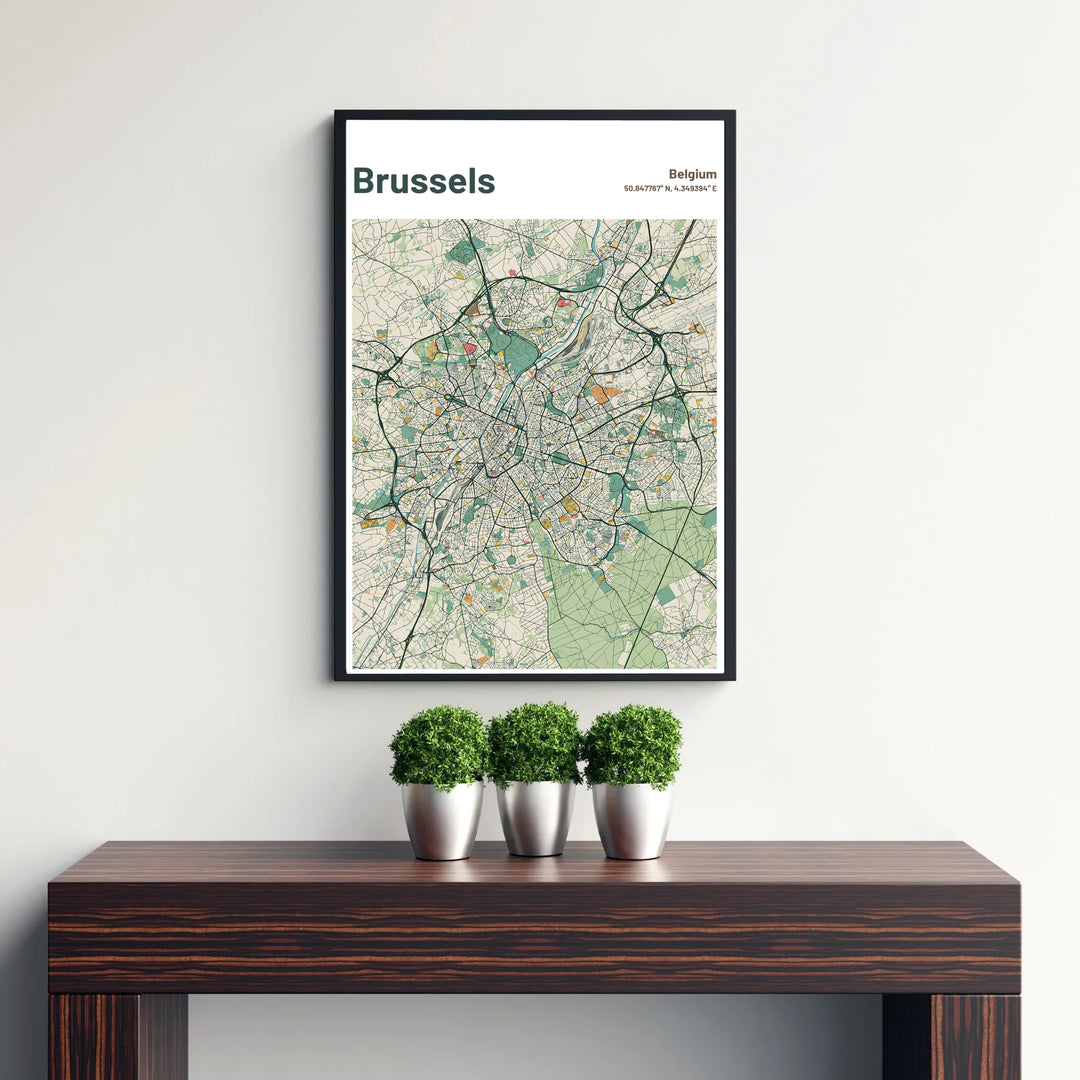 Elegant European map decor showcasing the complete urban structure of Brussels in Belgium in soft pastel sage green tones. Available from MapYourDreams in versatile choices including unframed archival poster paper, custom frames, and stretched gallery canvas formats.