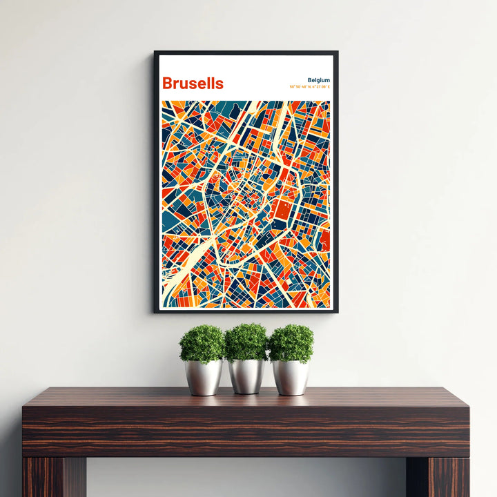 Refined abstract color-block street grid print depicting the entire city of Brussels in Belgium. Choose your preferred finish from standalone unframed matte paper, custom decorative frames, or ready-to-hang gallery canvas options.