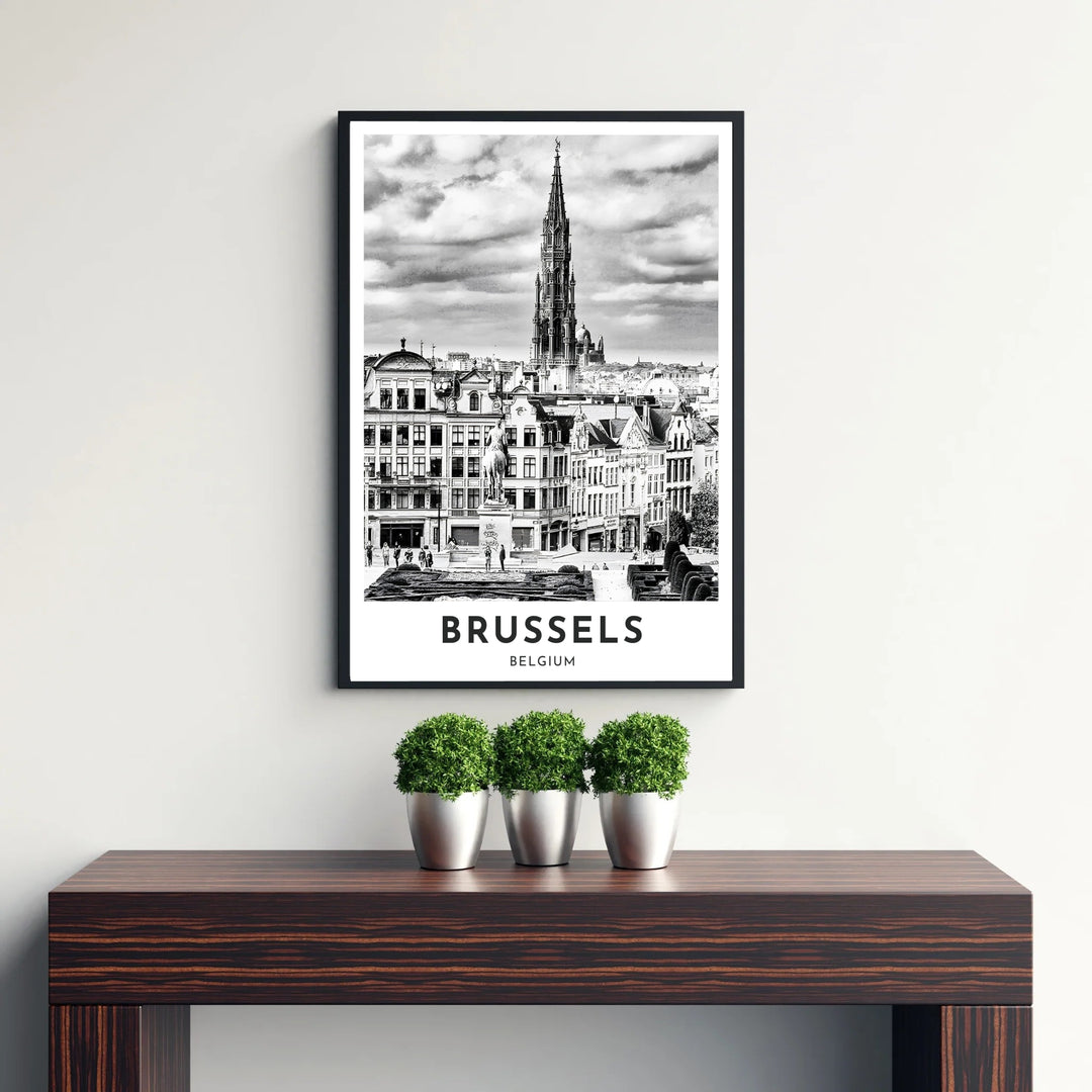 Sophisticated European skyline decor presenting the iconic view from Mont des Arts across central Brussels, Belgium, in dramatic black and white. Available from MapYourDreams in versatile choices including unframed archival poster paper, custom frames, and stretched gallery canvas formats.