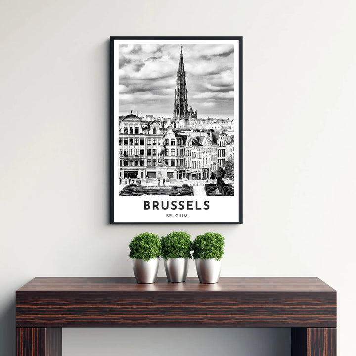Sophisticated European skyline decor presenting the iconic view from Mont des Arts across central Brussels, Belgium, in dramatic black and white. Available from MapYourDreams in versatile choices including unframed archival poster paper, custom frames, and stretched gallery canvas formats.