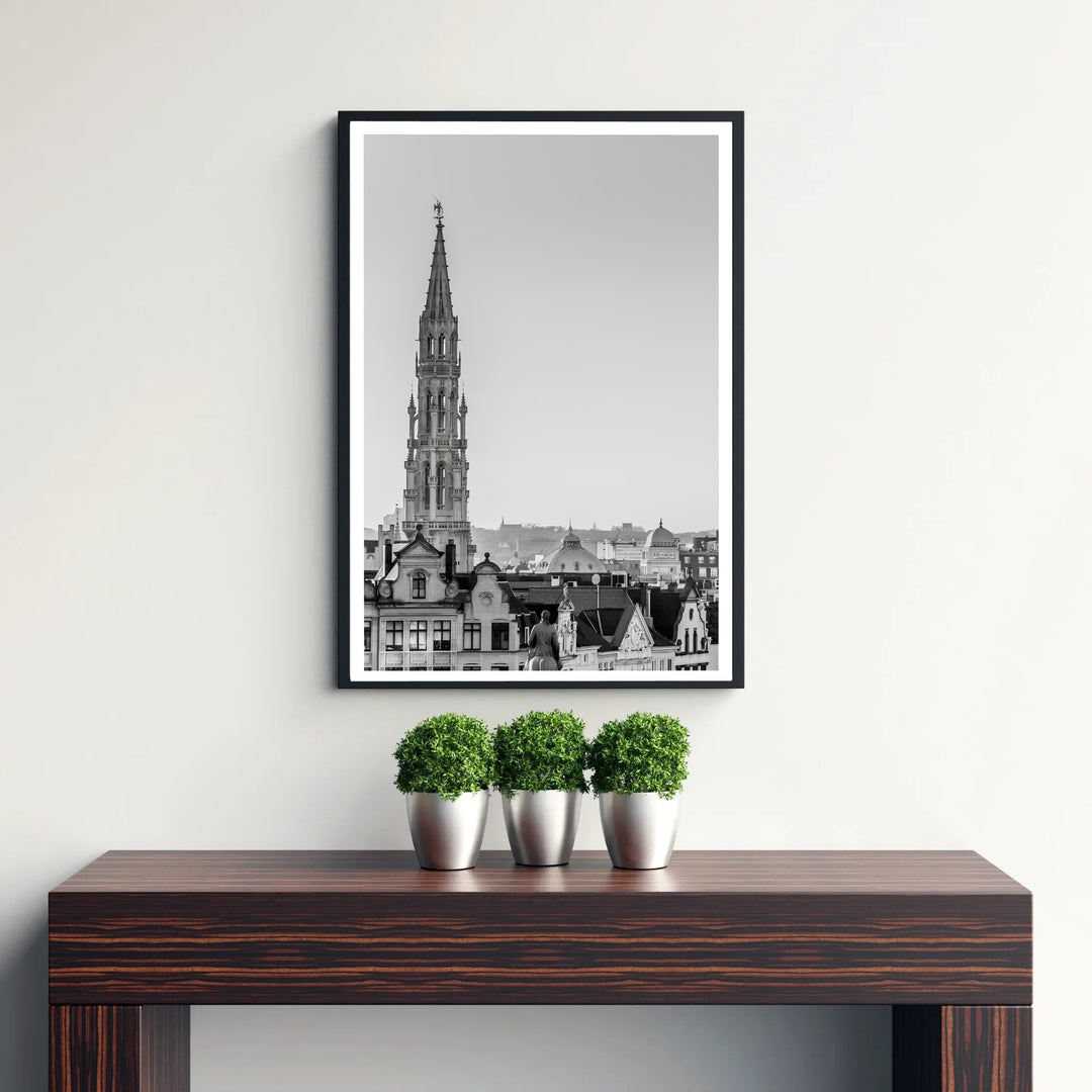 Classic European architectural decor depicting the famous Gothic tower of the Grand Place district in Brussels, Belgium. Available from MapYourDreams in versatile choices including unframed archival poster paper, custom frames, and stretched gallery canvas formats.