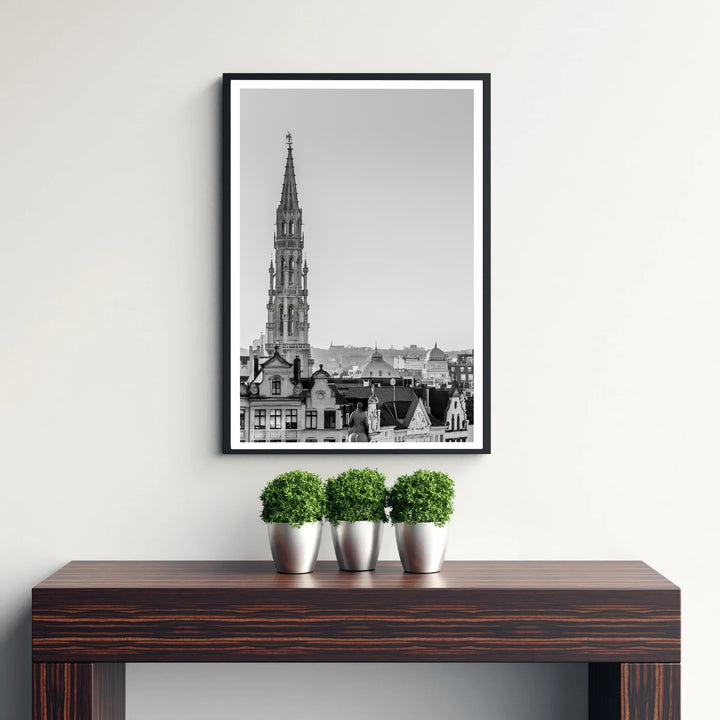 Classic European architectural decor depicting the famous Gothic tower of the Grand Place district in Brussels, Belgium. Available from MapYourDreams in versatile choices including unframed archival poster paper, custom frames, and stretched gallery canvas formats.