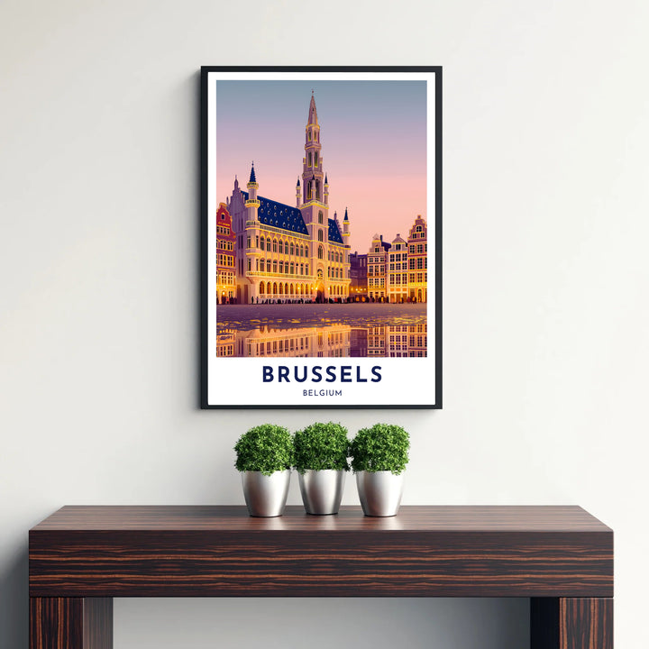 Elegant European architectural poster highlighting the illuminated 15th-century Town Hall tower in Brussels, Belgium. Available from MapYourDreams in versatile choices including unframed archival poster paper, custom frames, and stretched gallery canvas formats.