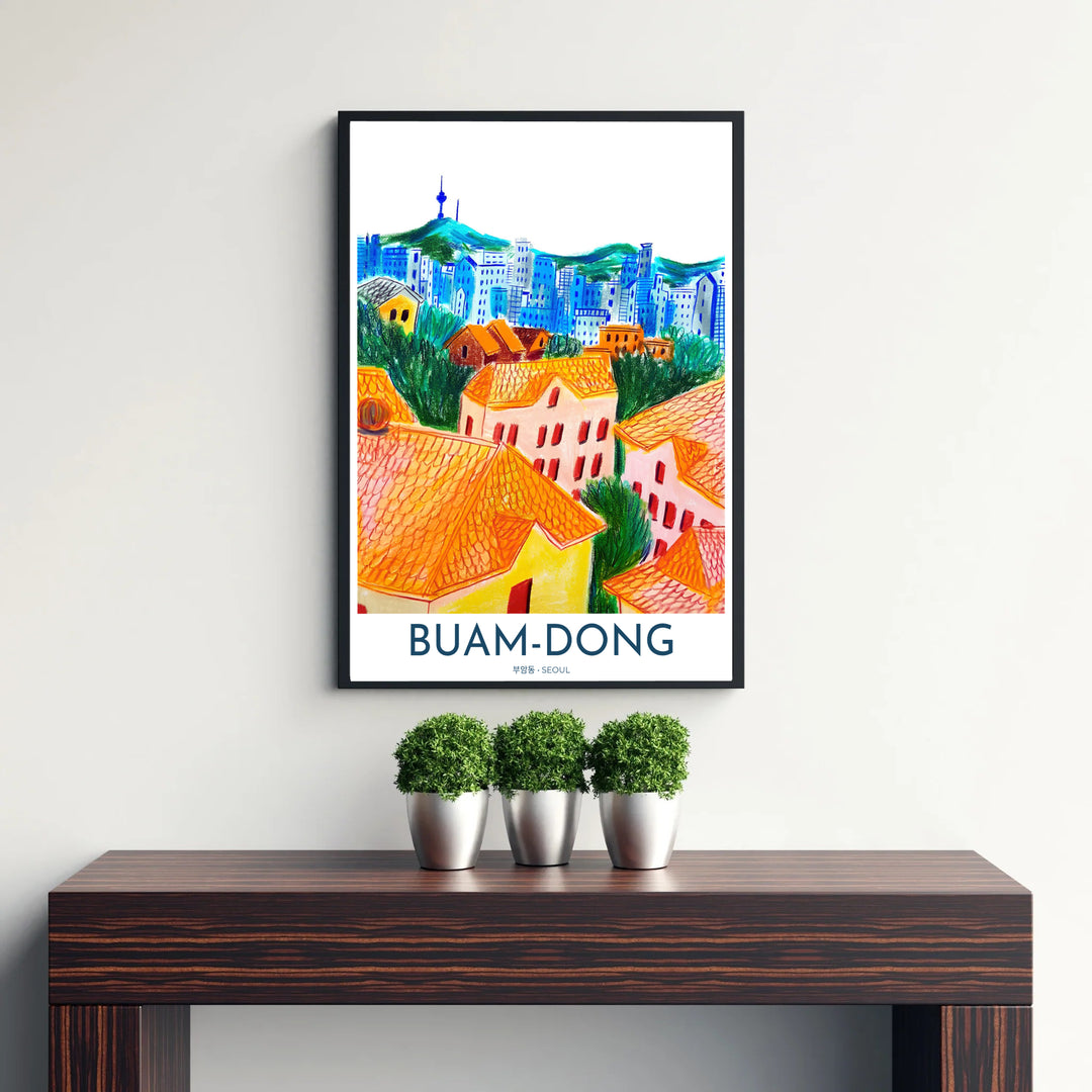 Artistic South Korea city travel poster celebrating Buam-dong in Seoul with vibrant orange roofs, rich green trees, and blue-hued city towers rising toward N Seoul Tower. Offered by MapYourDreams, this artwork is available in flexible options including unframed paper, custom wooden frames, and gallery canvas wraps.