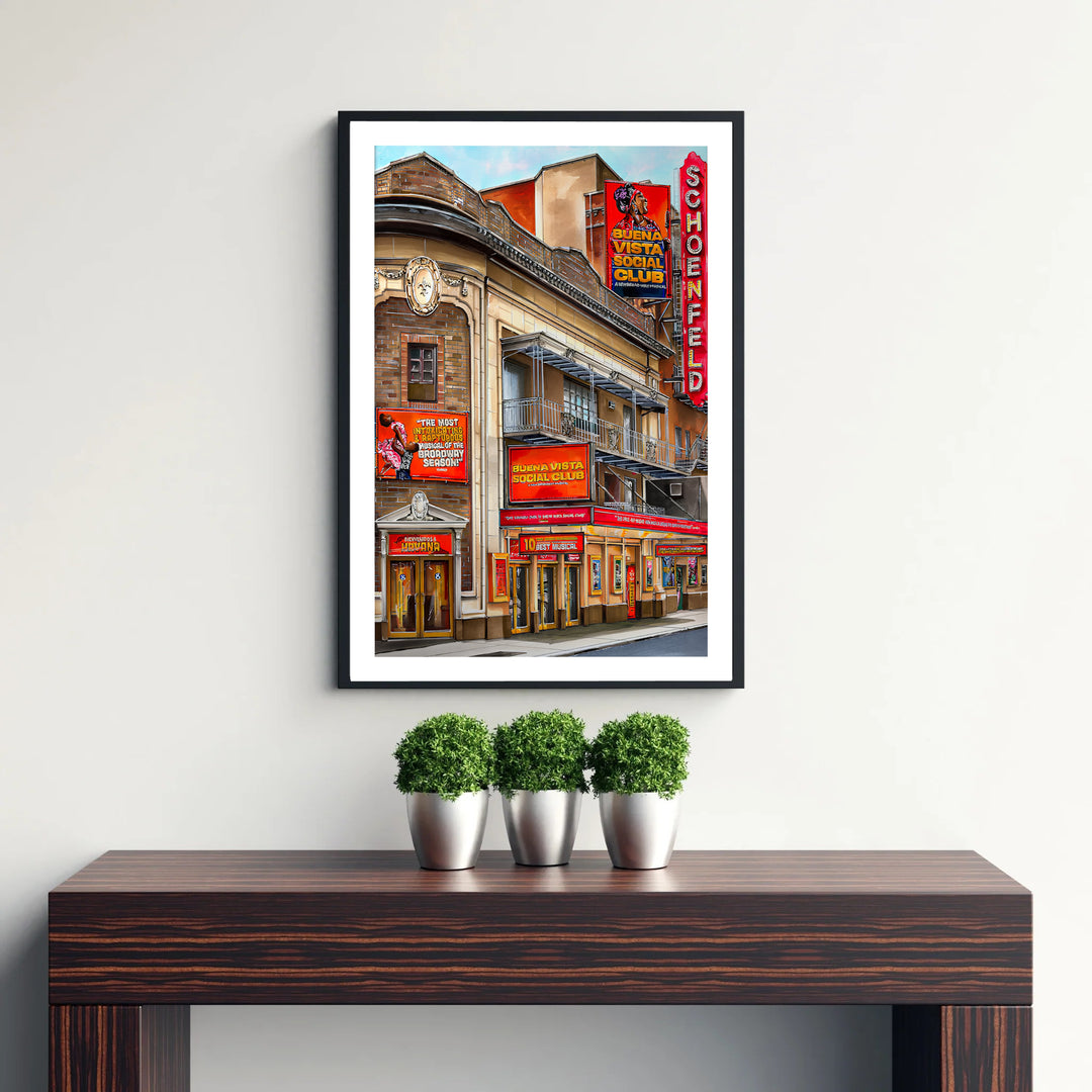 Vintage style Broadway venue art print featuring the glowing marquee and detailed entry doors of the Gerald Schoenfeld Theatre in Manhattan, created by MapYourDreams with selections including fine art unframed paper prints, gallery stretched canvas art, or custom frame choices for media rooms.