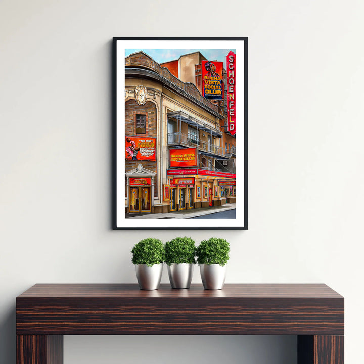 Vintage style Broadway venue art print featuring the glowing marquee and detailed entry doors of the Gerald Schoenfeld Theatre in Manhattan, created by MapYourDreams with selections including fine art unframed paper prints, gallery stretched canvas art, or custom frame choices for media rooms.
