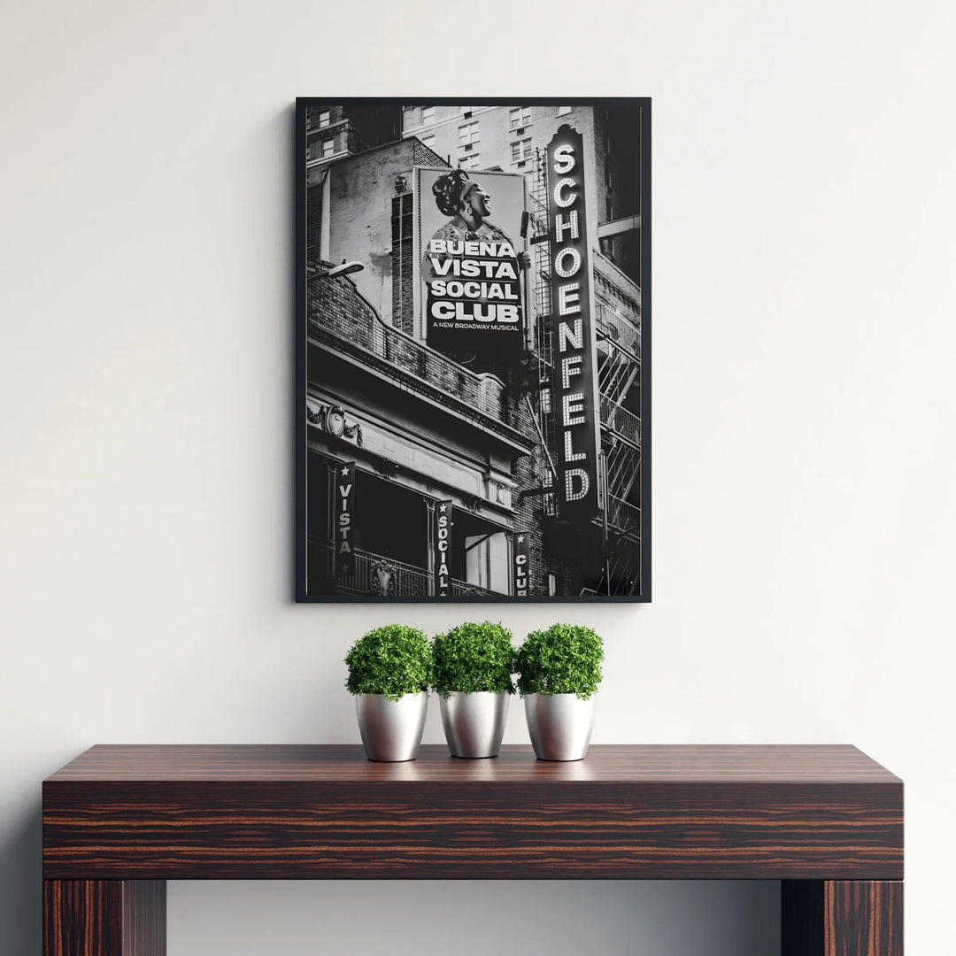 Vintage style Broadway venue photography print featuring the glowing marquee and street banners at the Gerald Schoenfeld Theatre in Manhattan, created by MapYourDreams with selections including fine art unframed paper prints, gallery stretched canvas art, or custom frame choices for media rooms.