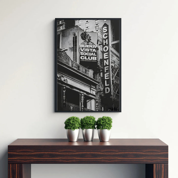 Vintage style Broadway venue photography print featuring the glowing marquee and street banners at the Gerald Schoenfeld Theatre in Manhattan, created by MapYourDreams with selections including fine art unframed paper prints, gallery stretched canvas art, or custom frame choices for media rooms.