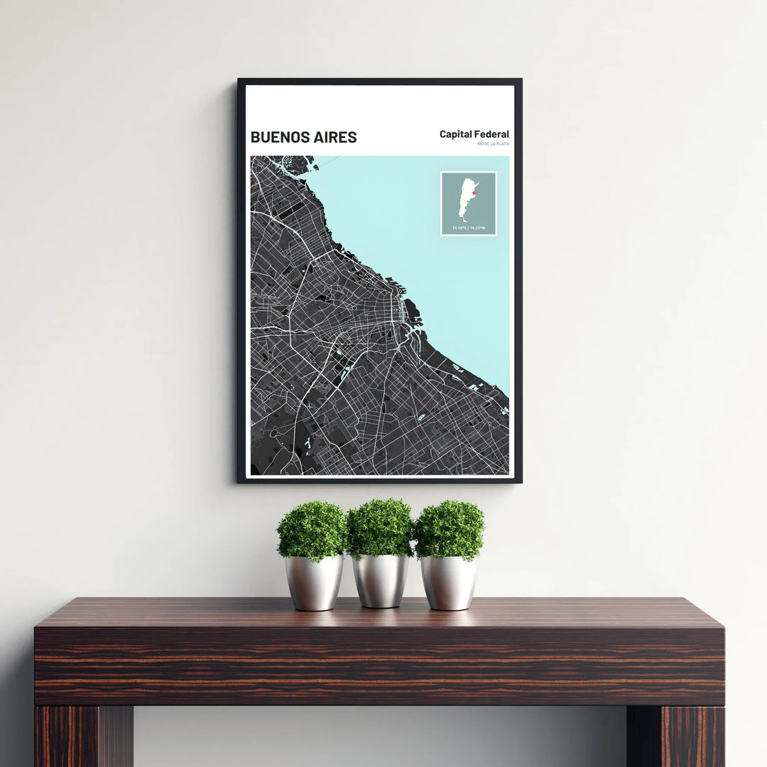Minimalist city map poster of Buenos Aires with clean header typography and an Argentina map inset along the top margin. Curated by MapYourDreams, this wall piece offers customizable choices such as archival paper prints, real wood frames, or canvas wraps.