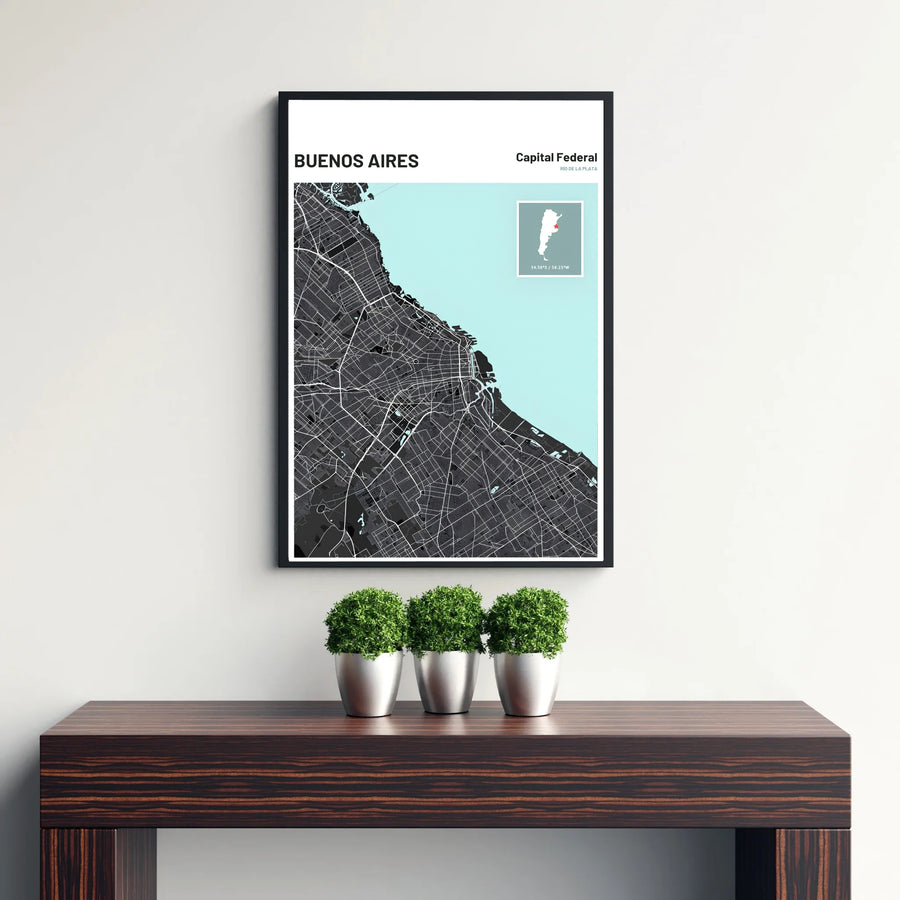 Minimalist city map poster of Buenos Aires with clean header typography and an Argentina map inset along the top margin. Curated by MapYourDreams, this wall piece offers customizable choices such as archival paper prints, real wood frames, or canvas wraps.