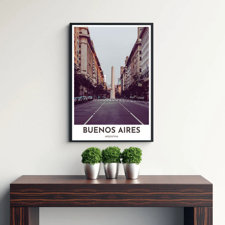 Fine art travel photography print showcasing the classic cityscape of Buenos Aires with subtle vintage color tones and clean margin text. Offered by MapYourDreams, customers can choose between standalone paper prints, ready-to-hang wooden frames, and gallery canvas wraps.