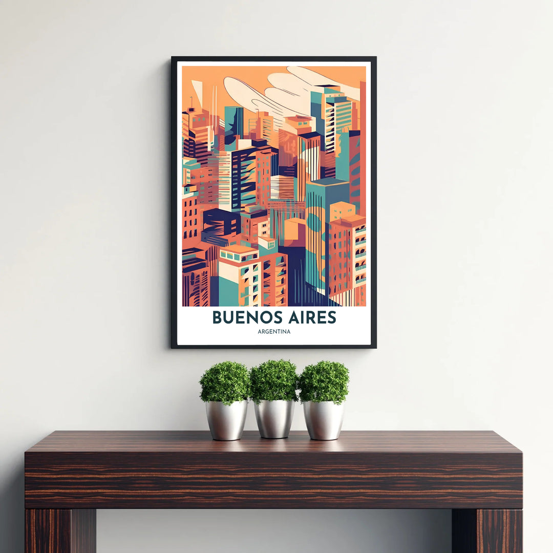 Minimalist bordered travel poster featuring a retro block illustration of the Buenos Aires skyline with clean title lettering. Curated by MapYourDreams, this wall piece offers customizable choices such as archival paper prints, real wood frames, or canvas wraps.