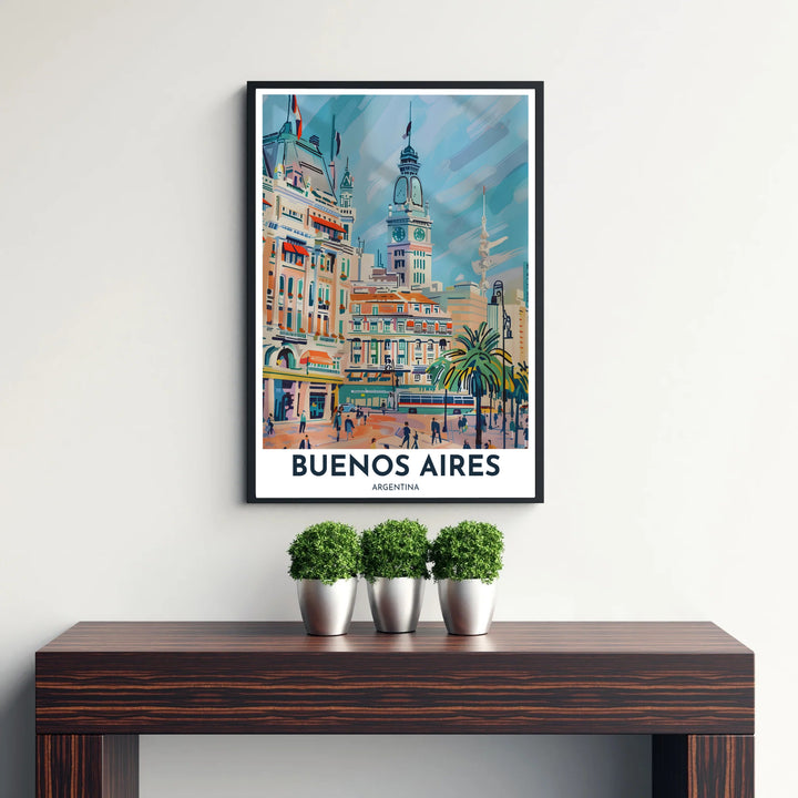 Elegant architectural wall print capturing the clock tower and historic plaza facades of Argentina&