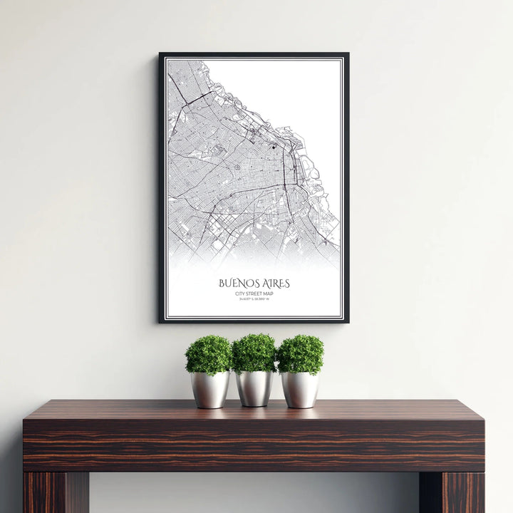 Minimalist double-bordered travel poster featuring a detailed street grid map of central Buenos Aires with refined serif text. Curated by MapYourDreams, this wall piece offers customizable choices such as archival paper prints, real wood frames, or canvas wraps.