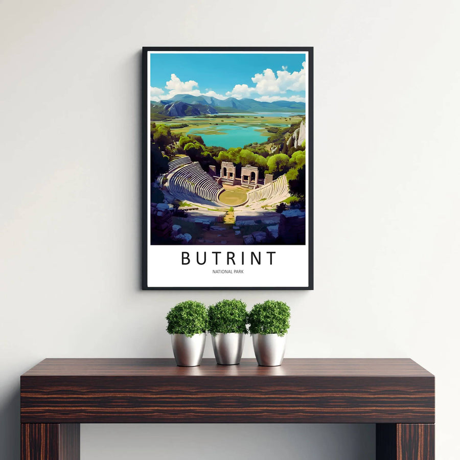 Beautiful European travel print featuring the ancient ruins of Butrint, combining Greco-Roman architecture and Mediterranean nature seamlessly. Offered by MapYourDreams, this artwork is available in flexible options including unframed paper, custom wooden frames, and gallery canvas wraps.