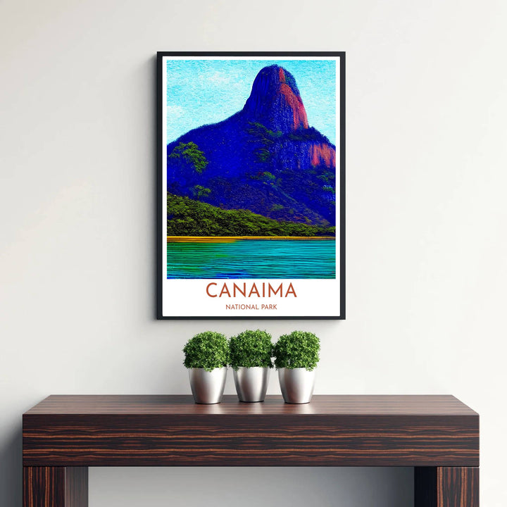 Vibrant blue, purple, and turquoise wall art showing a majestic tepui mountain peak and riverbank in Canaima National Park. Curated by MapYourDreams, this wall piece offers customizable choices such as archival paper prints, real wood frames, or canvas wraps.