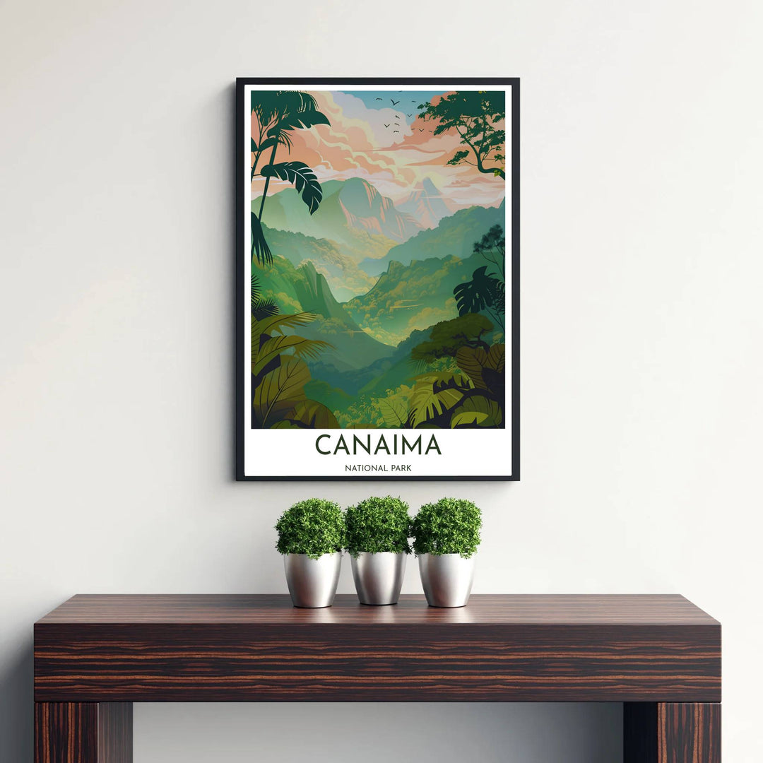 Serene botanical travel art print capturing the lush rainforest canopy, atmospheric mountain mist, and morning light of Canaima. Offered by MapYourDreams, customers can choose between standalone paper prints, ready-to-hang wooden frames, and gallery canvas wraps.