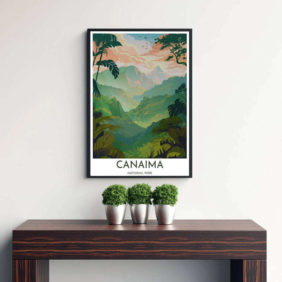 Serene botanical travel art print capturing the lush rainforest canopy, atmospheric mountain mist, and morning light of Canaima. Offered by MapYourDreams, customers can choose between standalone paper prints, ready-to-hang wooden frames, and gallery canvas wraps.