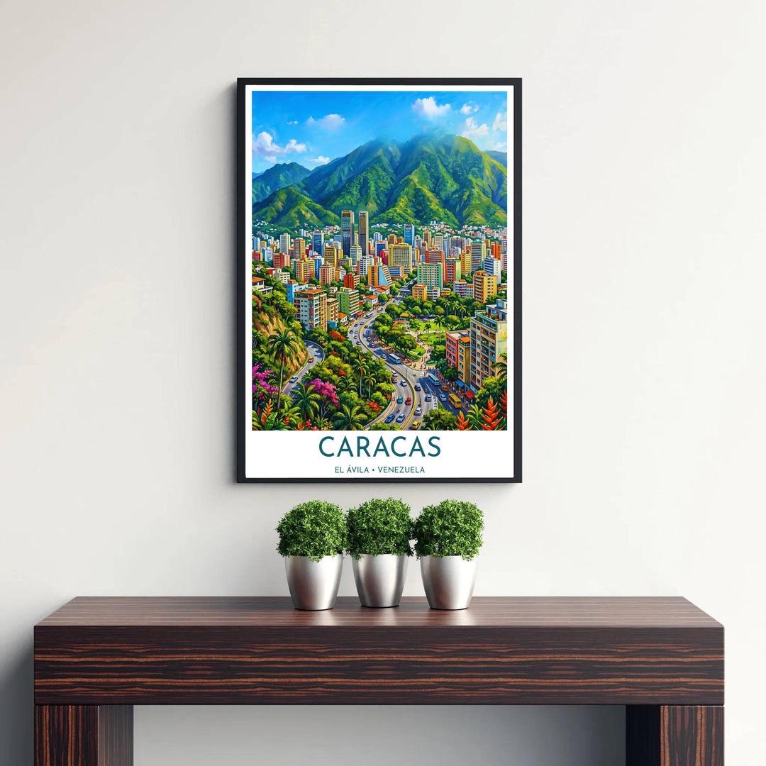 High-contrast floral and city wall art showing vibrant magenta bougainvillea, orange heliconia, and modern towers at El Ávila. Curated by MapYourDreams, this wall piece offers customizable choices such as archival paper prints, real wood frames, or canvas wraps.