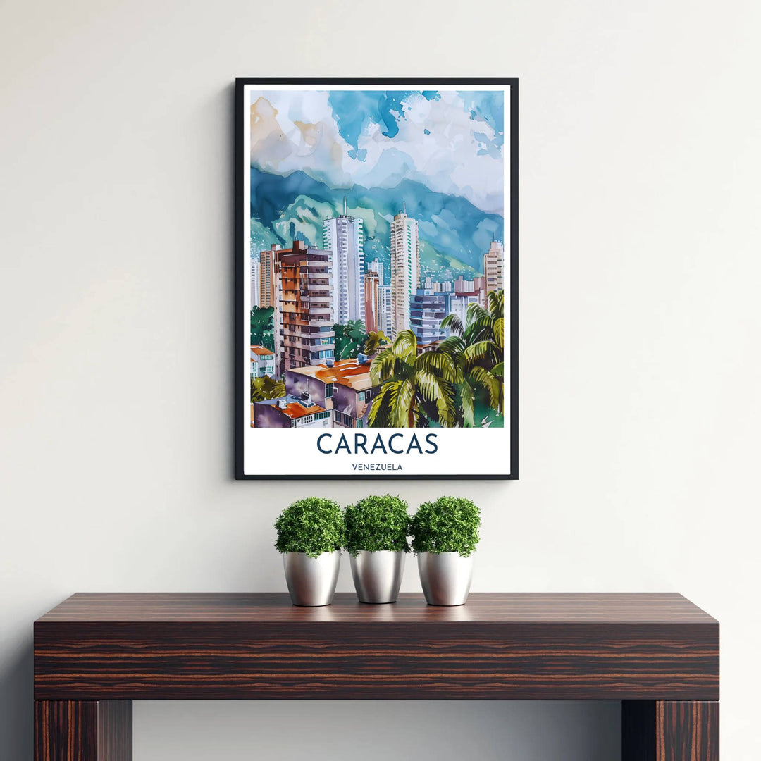 Soft teal, terracotta, and ochre wall art showing urban buildings and misty mountain slopes at El Ávila in Venezuela. Curated by MapYourDreams, this wall piece offers customizable choices such as archival paper prints, real wood frames, or canvas wraps.