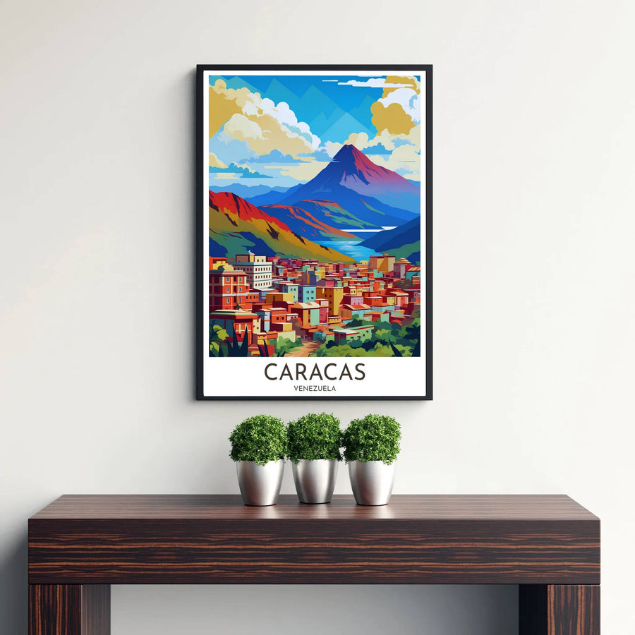 Energetic graphic travel art print capturing the color-blocked architecture, mountain shadows, and sunny sky of Caracas. Offered by MapYourDreams, customers can choose between standalone paper prints, ready-to-hang wooden frames, and gallery canvas wraps.