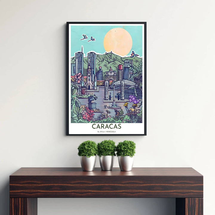 High-contrast mint teal, magenta, and golden peach wall art showing city high-rises and Mount El Ávila in Venezuela. Curated by MapYourDreams, this wall piece offers customizable choices such as archival paper prints, real wood frames, or canvas wraps.
