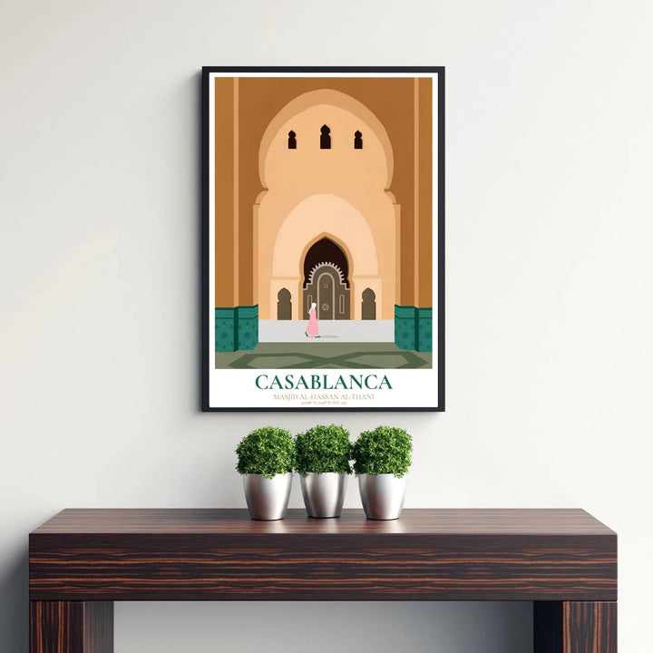 Fine art travel poster of Casablanca Hassan II Mosque printed on premium 220gsm professional matte archival paper stock. Distributed by MapYourDreams, this artwork is available in flexible options including unframed paper, custom wooden frames, and gallery canvas wraps for stylish wall decor.