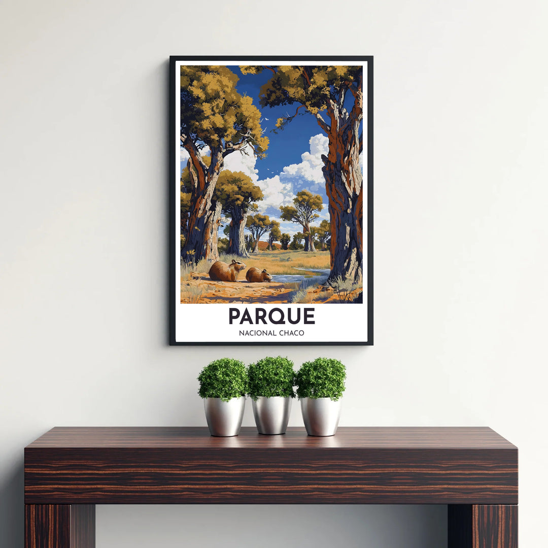 Painterly national park travel print showcasing the wilderness and wildlife of Parque Nacional Chaco in Northern Argentina. Offered by MapYourDreams, customers can choose between standalone paper prints, ready-to-hang wooden frames, and gallery canvas wraps.