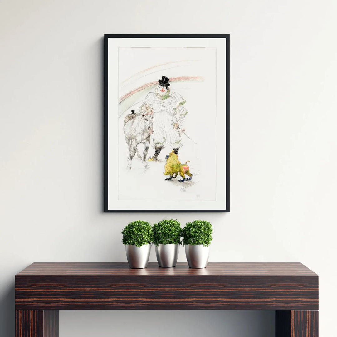 Vintage travel poster style print of Cheval Et Singe Dresses (1899), Henri de Toulouse-Lautrec portraying a ringmaster and trained horse near Paris, France. MapYourDreams supplies custom framed paper prints, unframed wall art, and stretched canvas prints ideal for nurseries, studies, and offices.