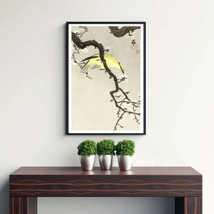 Classic 1900 1910 Japanese Kacho-ga art print featuring a songbird referencing traditional Tokyo printmakers. MapYourDreams supplies framed, unframed, and canvas poster formats for home wall decor.