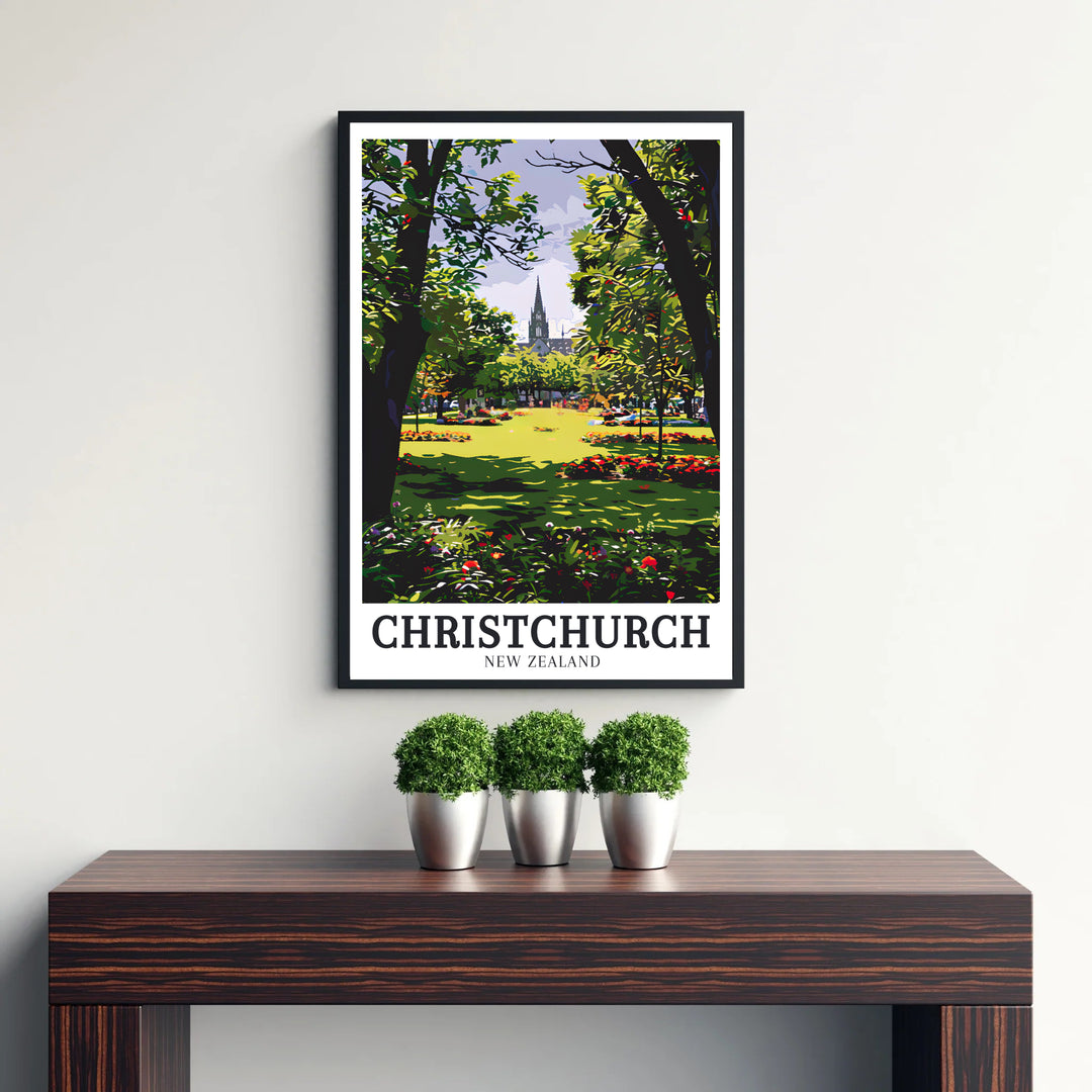 Inspired by classic vintage travel posters, this Christchurch Botanic Gardens print showcases scenic Garden City views. Explore versatile framed, unframed, and canvas options available at MapYourDreams.