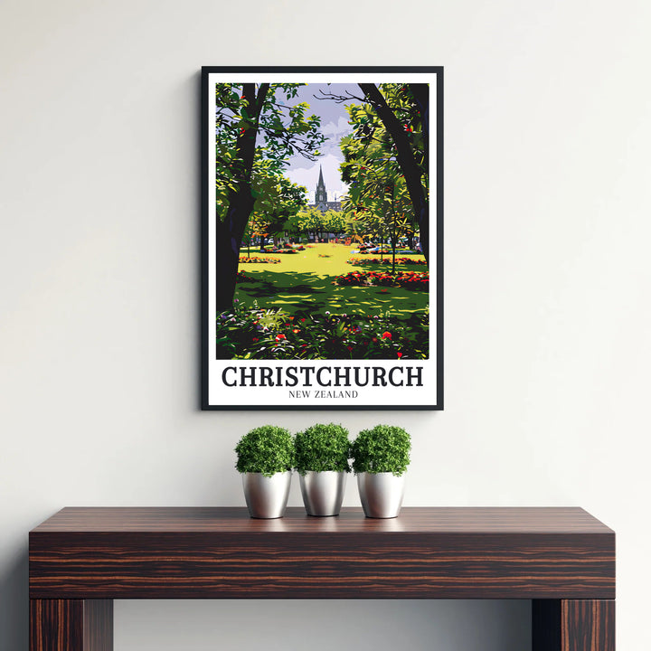 Inspired by classic vintage travel posters, this Christchurch Botanic Gardens print showcases scenic Garden City views. Explore versatile framed, unframed, and canvas options available at MapYourDreams.