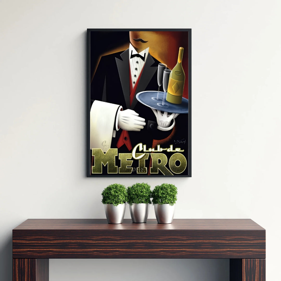 Artistic European cabaret poster capturing the jazz-age elegance and cocktail heritage of Club de Metro, available from MapYourDreams with catalog choices for an unframed archival poster, a stretched gallery canvas print, or a custom framed wall display for lounge areas.