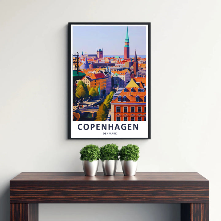 Modern graphic wall art of Copenhagen city center and architectural rooftops in Denmark. Offered by MapYourDreams, this artwork is available in flexible options including unframed paper, custom wooden frames, and gallery canvas wraps.