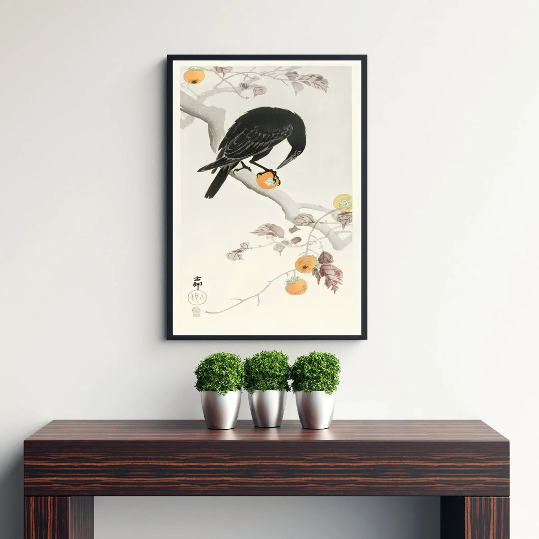 Classic 1900 1910 Japanese Kacho-ga art print featuring a crow referencing traditional Tokyo printmakers. MapYourDreams supplies framed, unframed, and canvas poster formats for home wall decor.
