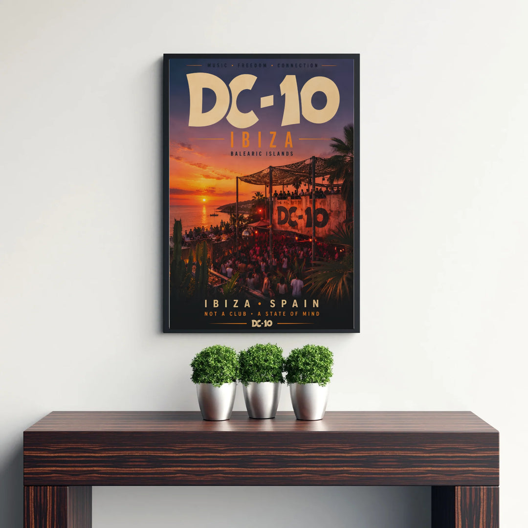 Vibrant electronic clubbing poster featuring "Music Freedom Connection" slogan at DC-10 in Ibiza, Spain, available from MapYourDreams as an unframed paper print, stretched canvas, or custom framed art piece designed for modern bedroom and lounge walls.