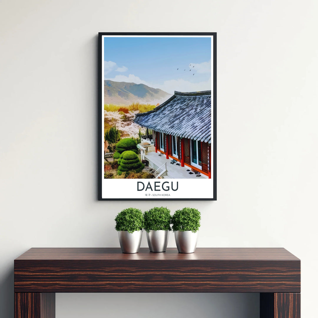Charming Korean temple poster showcasing the serene wooden verandah and tiled roof eaves of Donghwasa Temple in Daegu, South Korea, surrounded by lush spring greenery. Offered by MapYourDreams, this artwork is available in flexible options including unframed paper, custom wooden frames, and gallery canvas wraps.