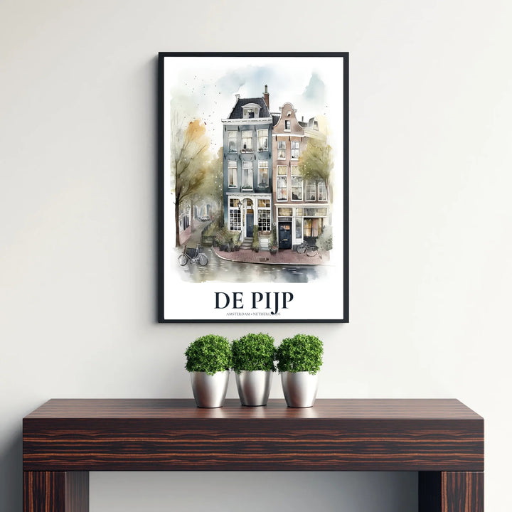 Cozy Dutch neighborhood wall art featuring traditional architecture and parked bicycles in De Pijp Amsterdam, offered by MapYourDreams where options include unframed paper prints, gallery wrapped canvas decor, or custom frame styling designed to enhance dining room layouts.