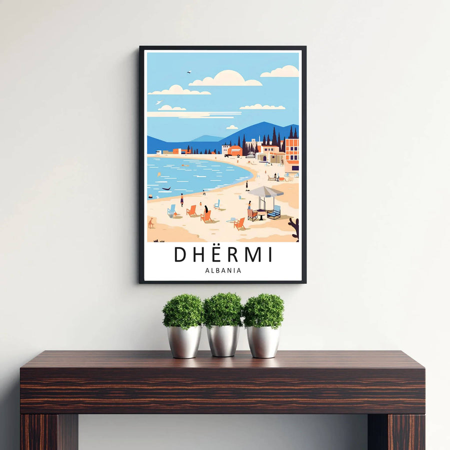 Beautiful European beach print featuring the coastal resort of Dhërmi, combining retro vector graphics and Mediterranean seaside views seamlessly. Offered by MapYourDreams, this artwork is available in flexible options including unframed paper, custom wooden frames, and gallery canvas wraps.
