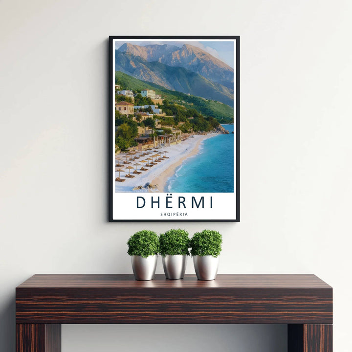 Transport your walls to the Albanian Riviera with a panoramic view of Dhërmi Beach, where coastal villas nestle under rugged mountain summits. Flexible purchasing options include unframed matte paper prints, framed presentations, and wrapped canvas formats.