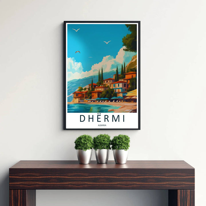 Transport your home decor to the Balkan coast with an artistic rendering of Dhërmi Riviera village nestled above golden sandy beaches. Offered by MapYourDreams, this artwork is available in flexible options including unframed paper, custom wooden frames, and gallery canvas wraps.