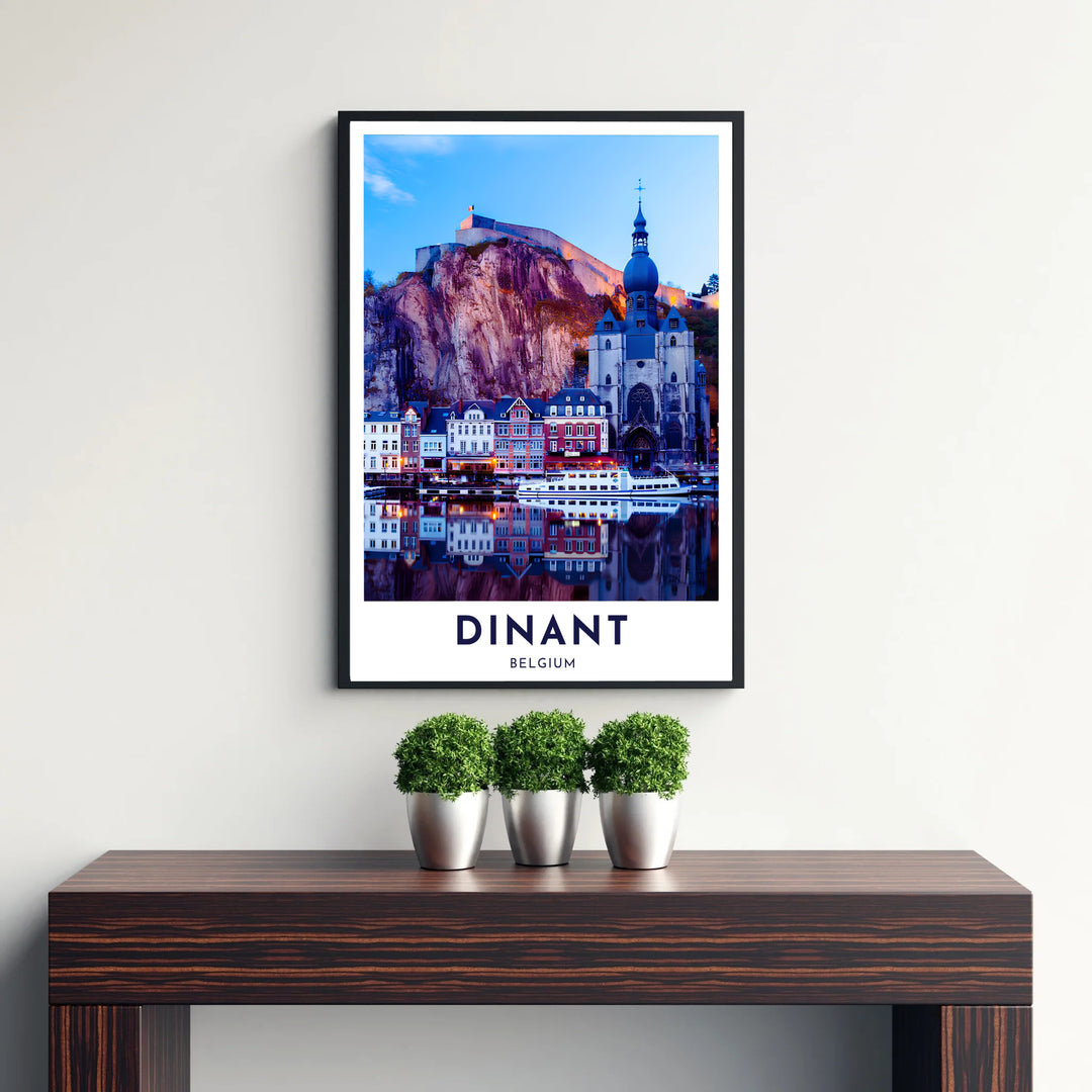 Atmospheric travel photo depicting the towering limestone cliff and historic Citadel of Dinant, Belgium. Available from MapYourDreams in versatile choices including unframed archival poster paper, custom frames, and stretched gallery canvas formats.