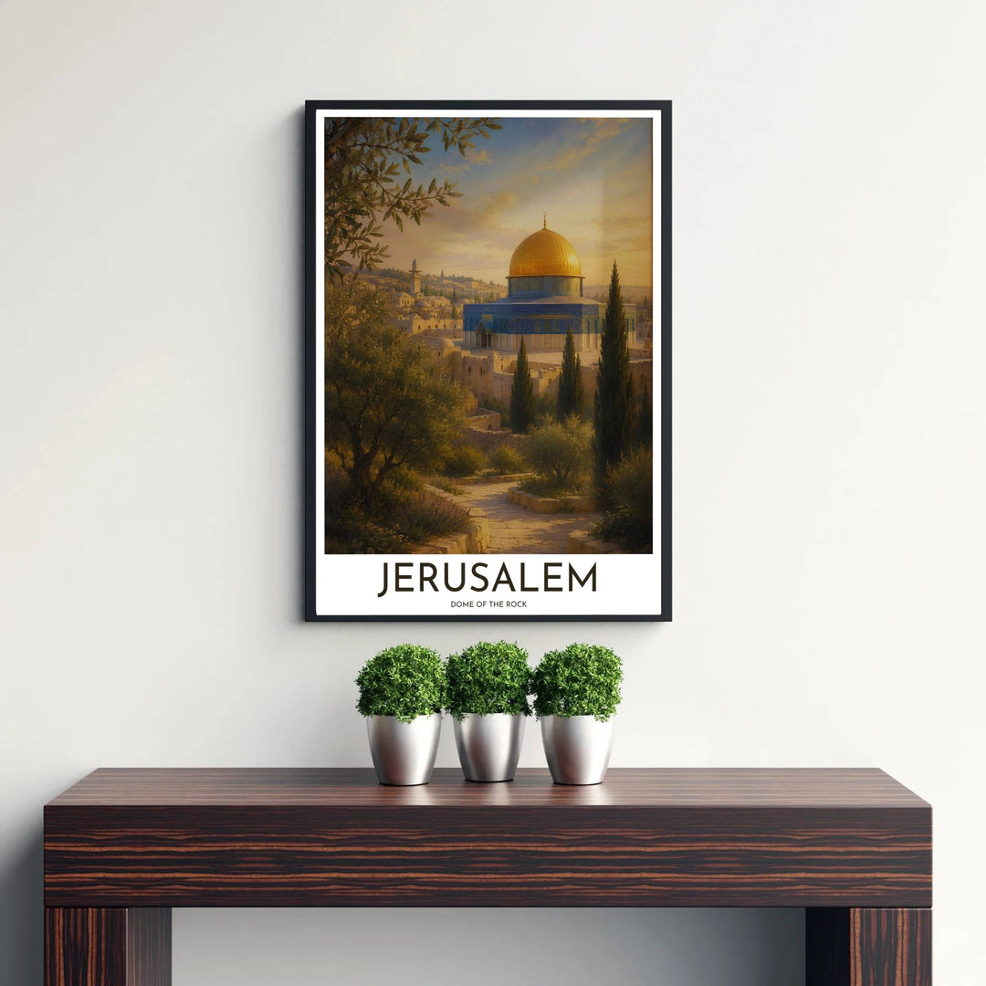 Fine art landscape print of Jerusalem Dome of the Rock printed on premium 220gsm professional matte archival paper stock. Distributed by MapYourDreams, this artwork is available in flexible options including unframed paper, custom wooden frames, and gallery canvas wraps for stylish wall decor.