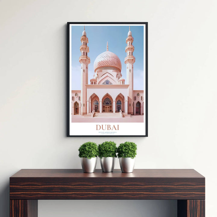 Fine art vector print of Jumeirah Mosque in Dubai printed on premium 220gsm professional matte archival paper. Distributed by MapYourDreams, this artwork is available in flexible options including unframed paper, custom wooden frames, and gallery canvas wraps for stylish wall decor.