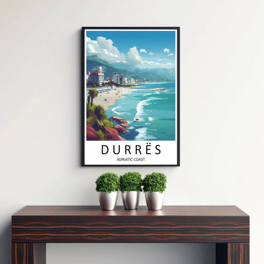 Transport your living area to the Adriatic seaside with a vintage-style graphic poster illustrating the beaches and resorts of Durrës, Albania. Flexible purchase options include unframed paper, tailored wooden frames, and gallery canvas wraps.
