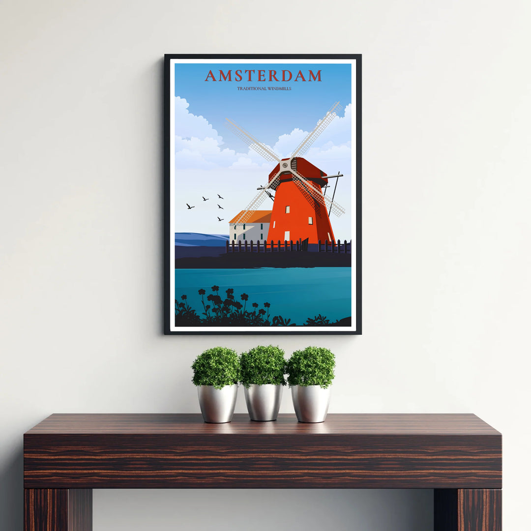 Vintage vector poster combining a traditional red Dutch windmill with calm waterfront reflections in the Netherlands, created by MapYourDreams with selections including fine art unframed paper prints, gallery stretched canvas art, or custom frame choices for dramatic wall decor setups.