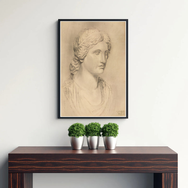 Sepia tone portrait drawing wall poster of Egon Schiele Antique Bust 1906 from Leopold Museum Vienna highlighting delicate graphite pencil hatchings. MapYourDreams supplies custom framed paper prints, unframed wall posters, and gallery stretched canvas art for living rooms and bedrooms.