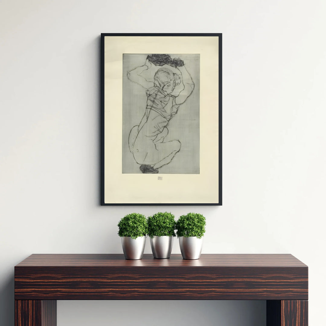 Early 20th century avant-garde print of Egon Schiele Crouching Female Nude 1914 located in Leopold Museum Vienna featuring expressive figure contours. Discover custom framed prints, unframed poster options, and stretched canvas wall decor at MapYourDreams for sophisticated home art displays.