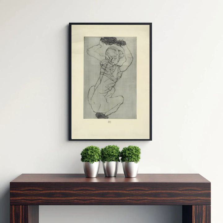 Early 20th century avant-garde print of Egon Schiele Crouching Female Nude 1914 located in Leopold Museum Vienna featuring expressive figure contours. Discover custom framed prints, unframed poster options, and stretched canvas wall decor at MapYourDreams for sophisticated home art displays.